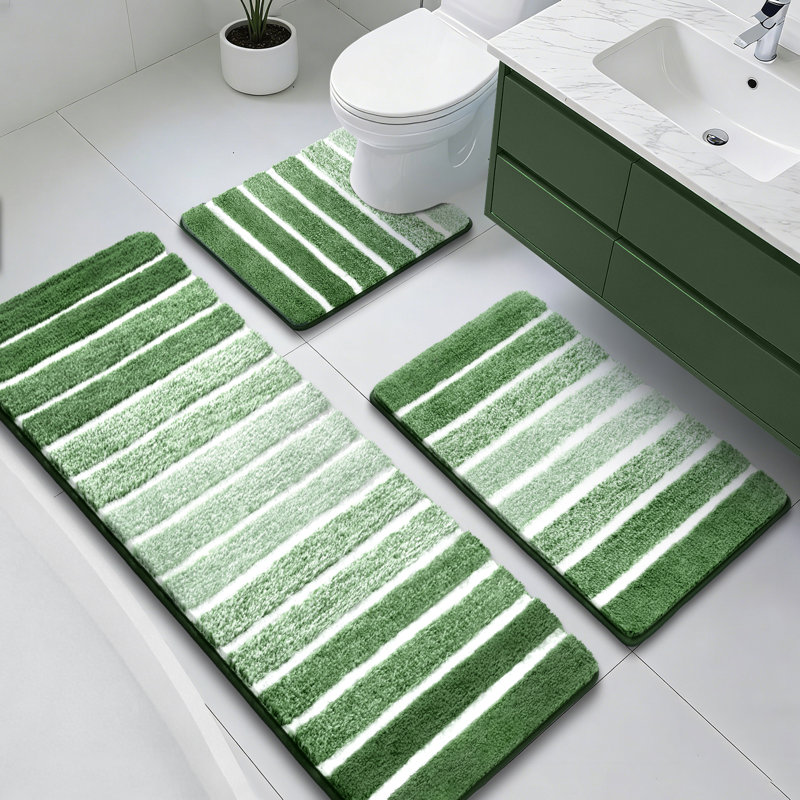 Absorbent Non-Slip Striped Bath Mat Bathroom Rug (Set Of 3), Green