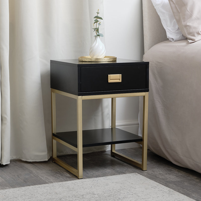 Alahya 40cm W Manufactured Wood Bedside Table, Black, Black/Gold