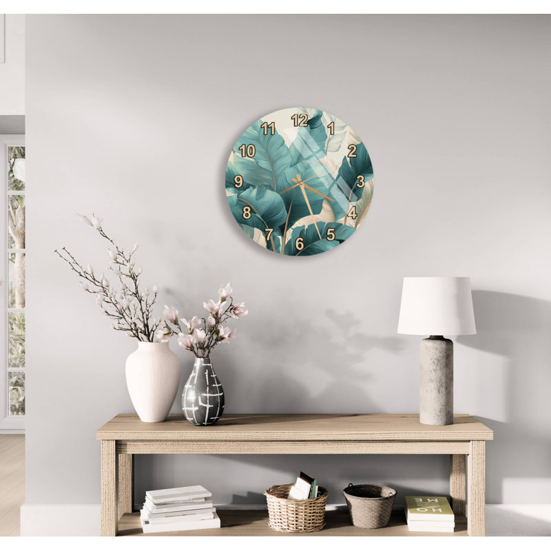 Horloge murale en forme de feuille de bananier tropical, 14 pouces, Blanc, romain