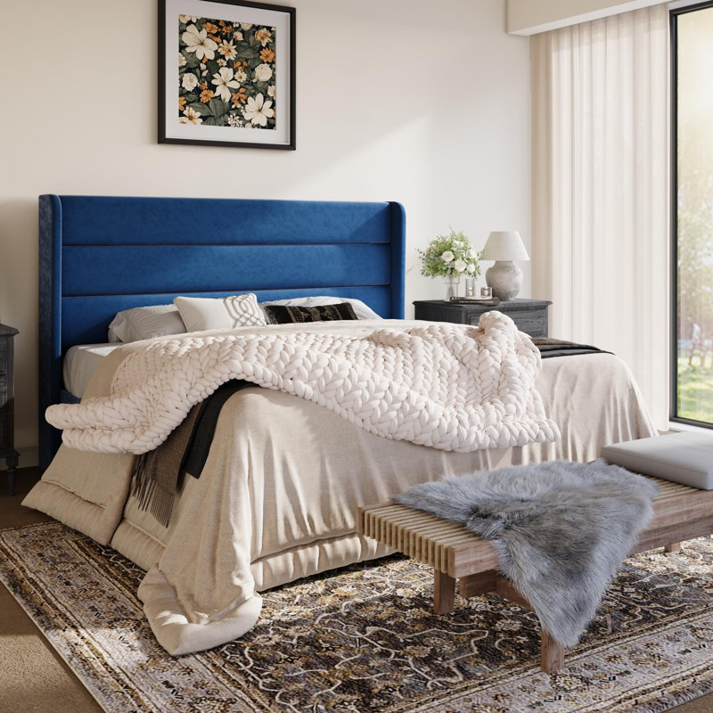 Modern Velvet Upholstered Platform Bed With Wooden Slats Wingback Headboard Included, Blue, King