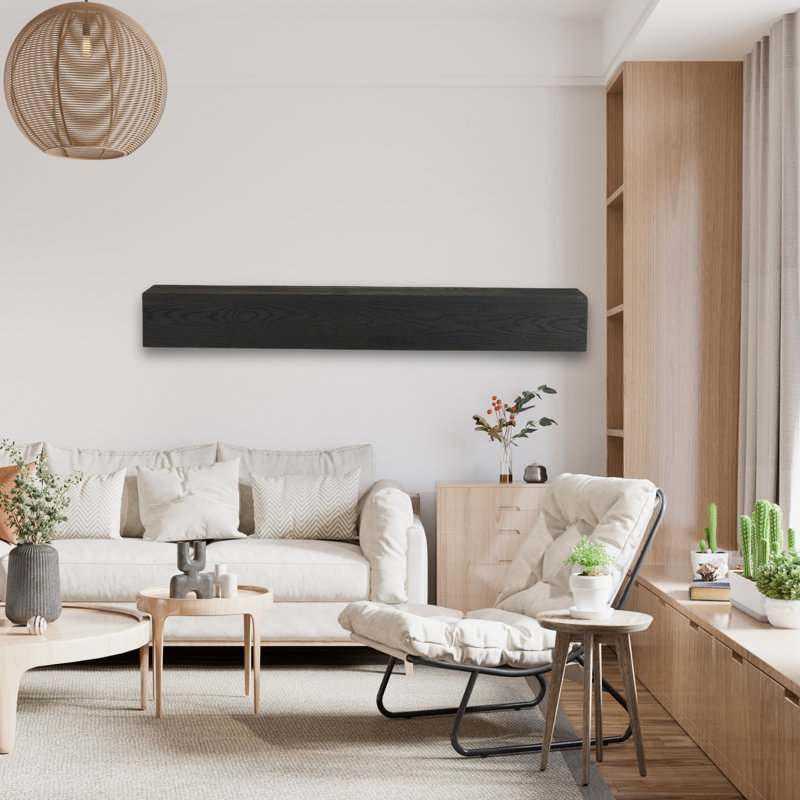 Cadre de cheminée en bois massif 48 po Western Red Cedar, tablette flottante murale, finition noire, 48"