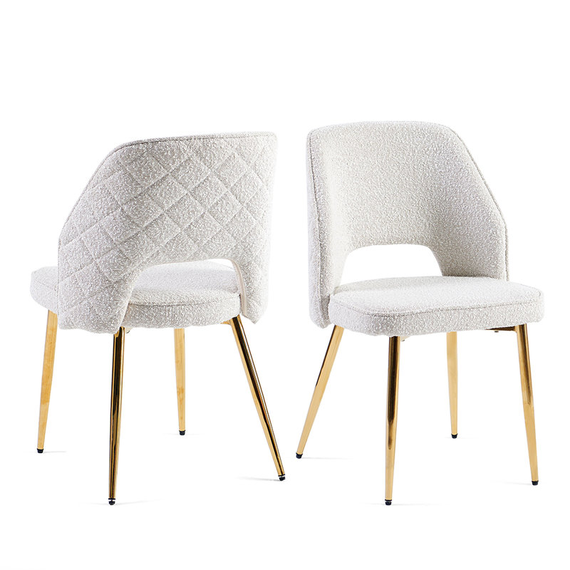 Set of 4 Beige Boucle Upholstered Side Chairs with Gold Metal Legs