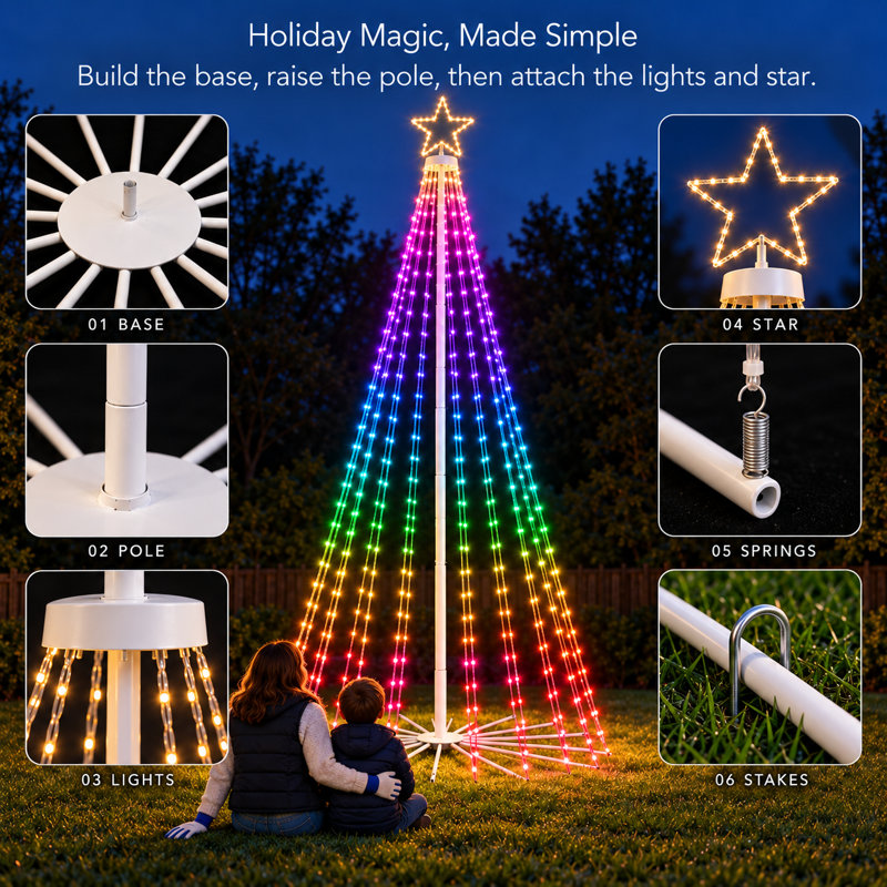 Arbre de Noël intelligent pré-éclairé pour application de décoration extérieure Arbre de Noël à changement de couleur contrôlé RVB-IC avec application Hello Fairy, plus de 100 motifs de lecture de boucle de bricolage, contrôle de groupe de minuterie pour l'affichage de jardin
