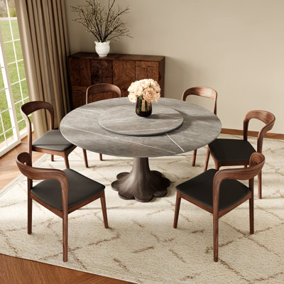 Farmhouse Gray Sintered Stone Round Dining Table Set With 360° Silent Turntable (1 Table 4 Chairs, 1 Table 6 Chairs)