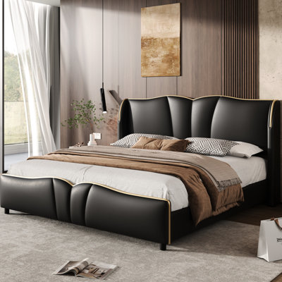 Grand lit tapissier noir avec tête de lit ondulée, éponge douce, sommier sans entretien, tête de lit moderne facile d'entretien et lattes silencieuses, dossier confortable