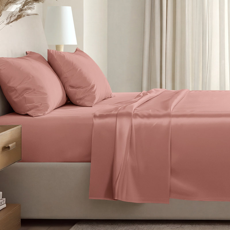 400 Thread Count Sateen Sheet Set, Twin Extra Long Sheet Set with 1 Pillowcase, Dusty Rose