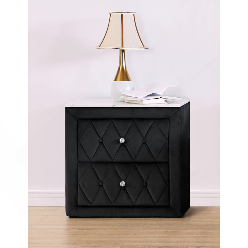 1Pc Faux Marble Top Nightstand 2- Drawers Storage Button Tufted Faux Crystal Tufted, Black