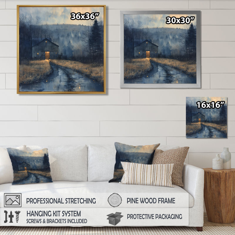 «Winter Blue Barn Fading Light I», reproduction d'art murale grange, Toile encadrée noire simple, H 16 po x l 16 po x P 1 po