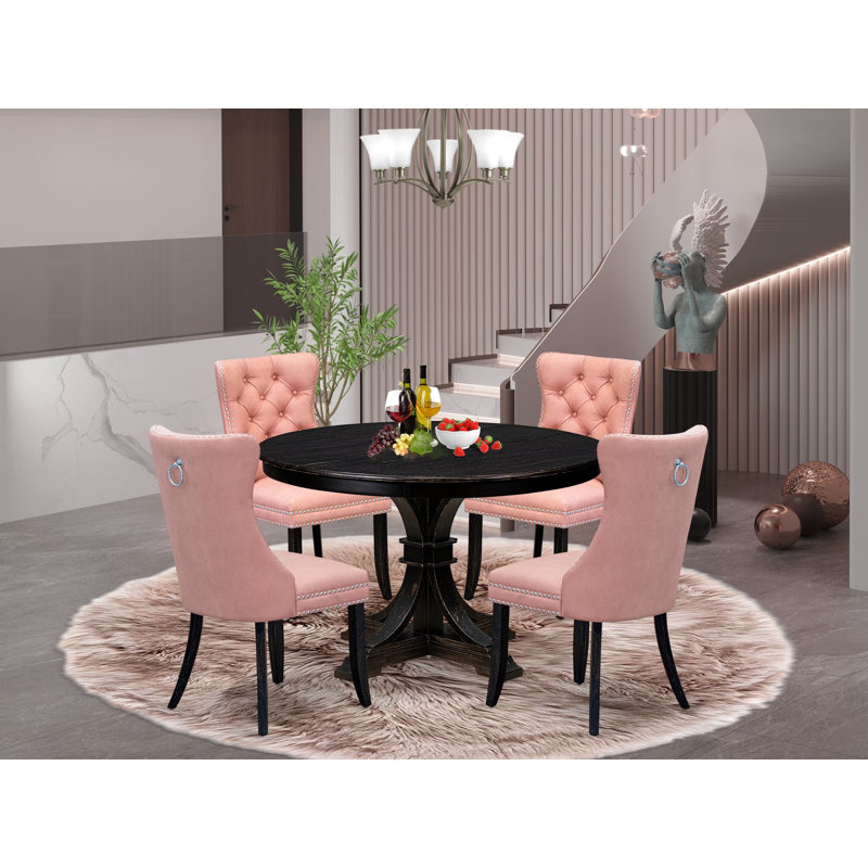 L'ensemble de salle à manger 5 pièces pour 4 personnes comprend une table ronde de 48 po avec piédestal et 4 chaises rembourrées beiges rouges, noir sablé