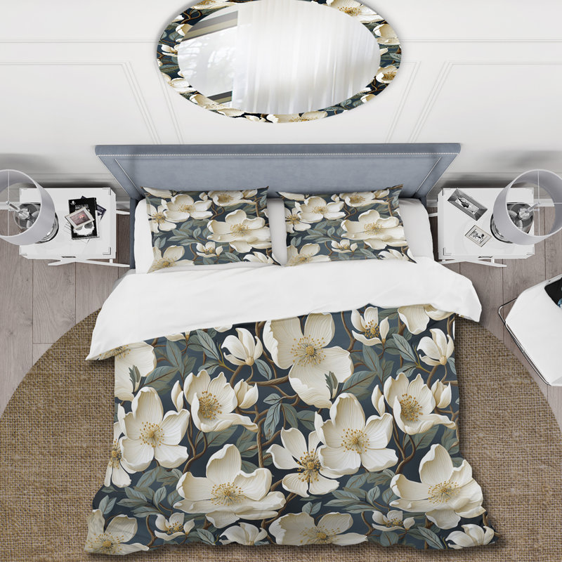 Literie fleurs blanches et vertes roses II, Housse de couette pour très grand lit et 2 très
