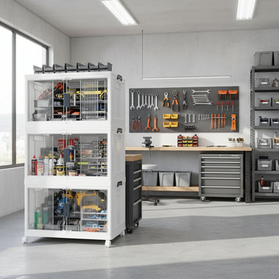 Ensemble de 3 bacs de rangement pliables de 97 pintes avec roues et portes - Organisateurs empilables incassables, capacité de 300 lb pour le véhicule récréatif, le garage, le camping et la maison