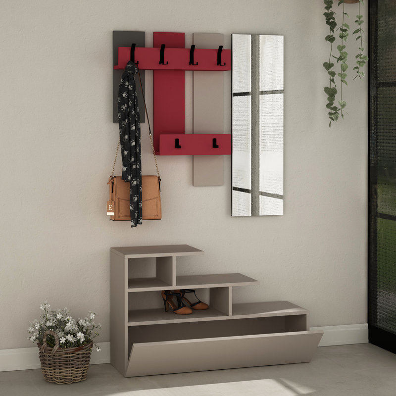 Adison Hall Tree with Shoe Storage, Light Moca/Burgundy