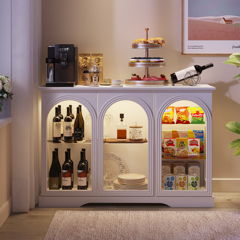 Buffet l 47,2 po avec 3 portes en verre, tablettes réglables, DEL et capteurs de corps humain, Blanc
