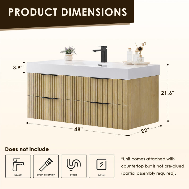 Livia 48" Wall-mounted Single Bathroom Vanity with White Artificial Drop-in Sink without Mirror