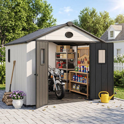 10 x 8 FT Resin Outdoor Storage Shed with Windows and Lockable Door, Plastic Garden Shed with Floor for Lawn Mower, Bikes, Pool Supplies and Tools