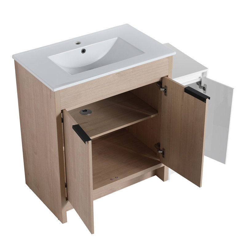 Meuble-lavabo autoportant de 42 po avec lavabo en céramique et armoires de rangement, Blanc, Chêne clair uni