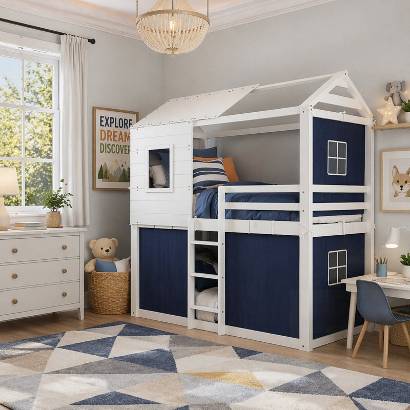 Lit superposé en bois avec tente, conception de maison de jeu amusante et adorable pour les chambres d'enfants
