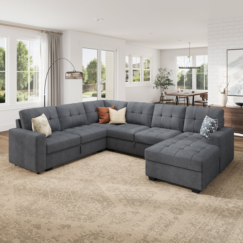 Cottone U-shaped Sleeper Sectional Pull Out Sofa Bed With Storage Chaise, Bluish Gray Polyester Blend