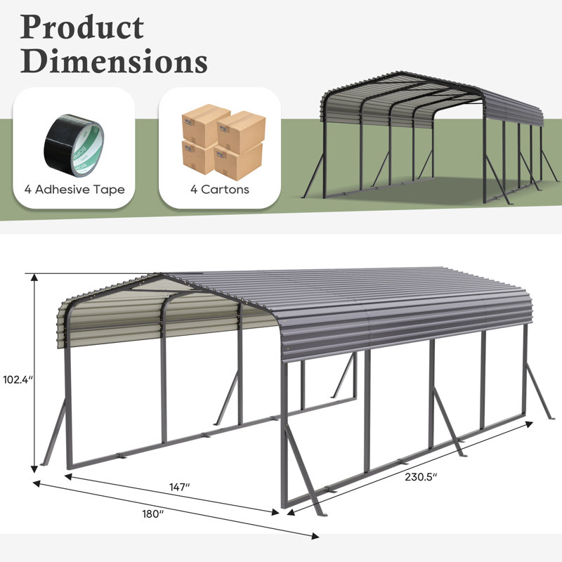 10X15 FT/12X20 FTMetal Carport With Galvanized Steel Roof For Pickup, Boat, Car And Tractors, 102.4" H x 147" W x 230.5" D