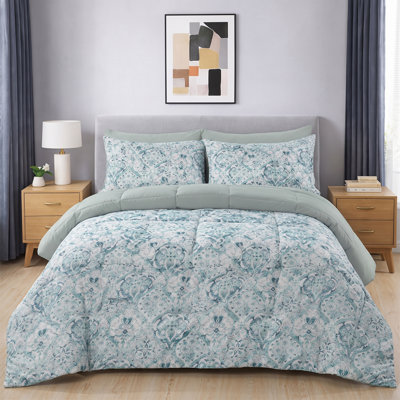 3-Piece Printed Microfiber Comforter Set, Ultra-Soft All-Season Bedding with Geometric Pattern, Double/Queen, Grey/White