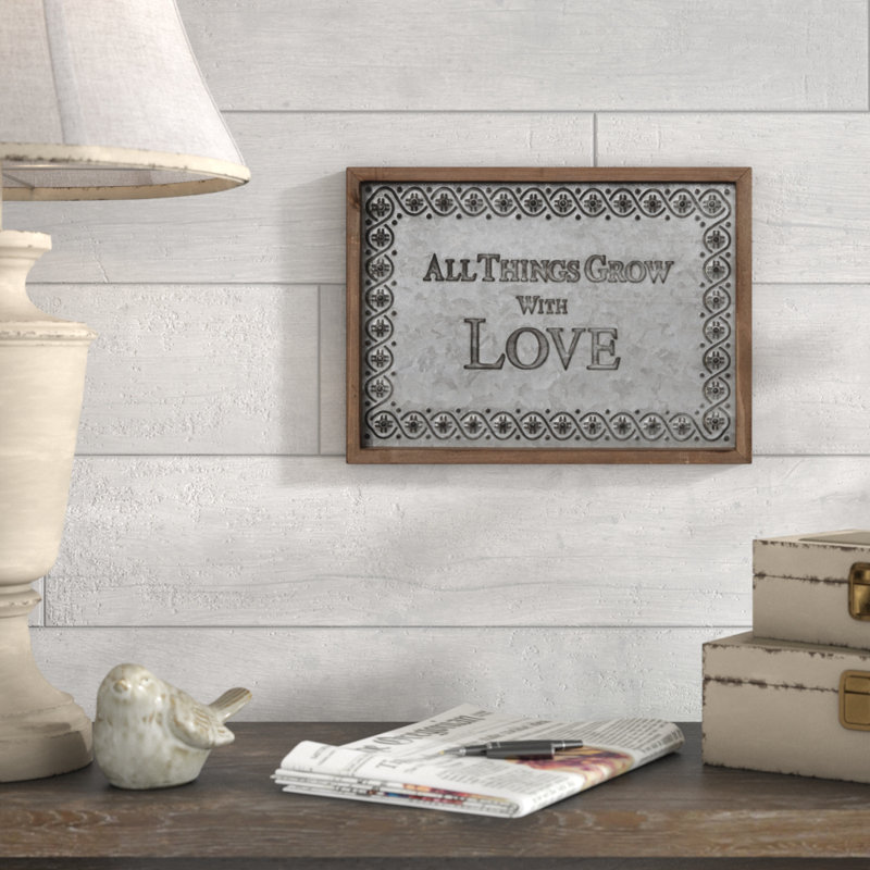 «All Things Grow with Love» - Cadre photo, art textuel pinte sur métal