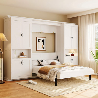Full-Size Murphy Bed With Dual Sliding Storage Cabinets, Hidden Wall Bed Design, Dual 6-Tier Side Shelves, Large-Capacity Space-Saving Wall Bed System For Modern Homes & Multifunctional Rooms