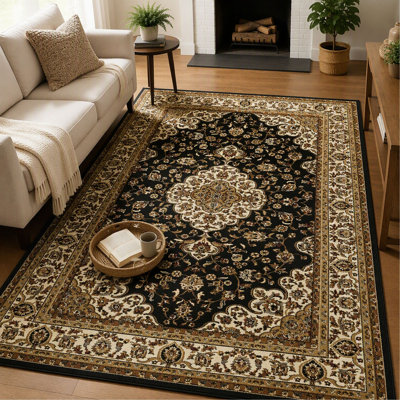 Tapis décoratif classique 2 pi x 3 pi avec construction durable, finition noire, style traditionnel pour le salon, la chambre à coucher et la salle à manger