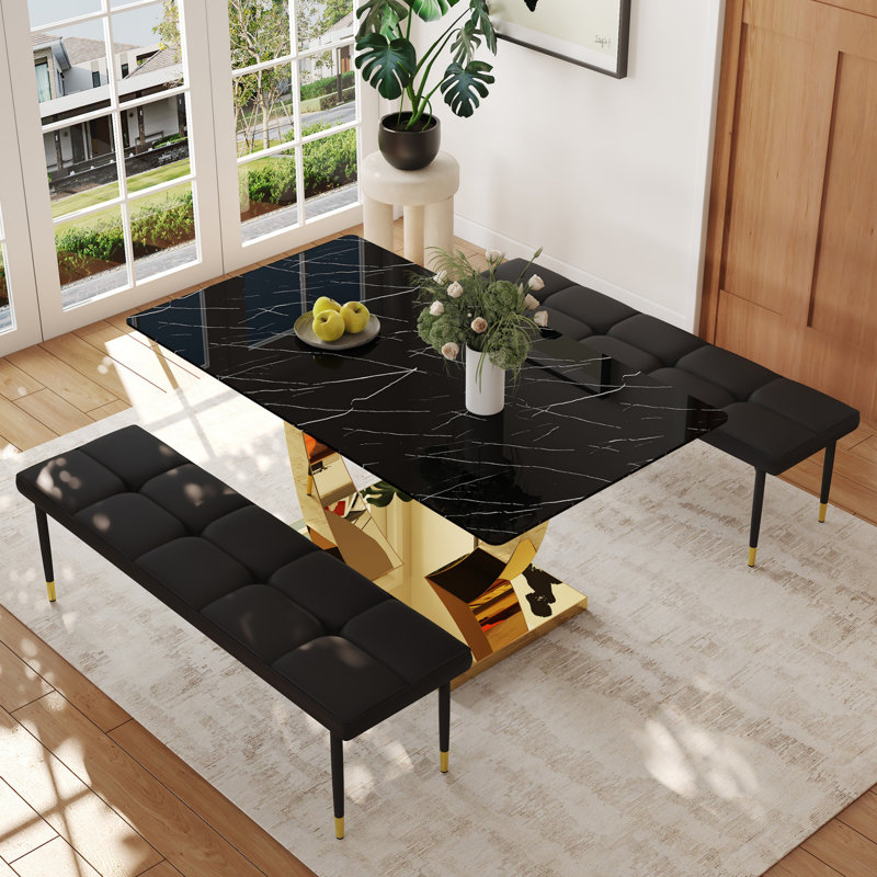 Ensemble de table de salle à manger, table de salle à manger rectangulaire moderne avec 2 bancs