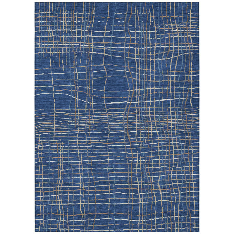Tapis extérieur lavable rayé bleu marine et gris 5 pi x 8 pi