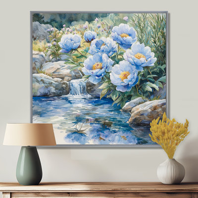 Montagne, pivoines au bord de la rivière I - pivoines, art mural pour le salon