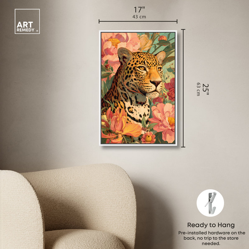 «Wild Cat in Bloom II», reproduction d'art sur toile encadrée par Art Remedy, cadre blanc, 16 x 24, 25"H x 17"W, White Frame