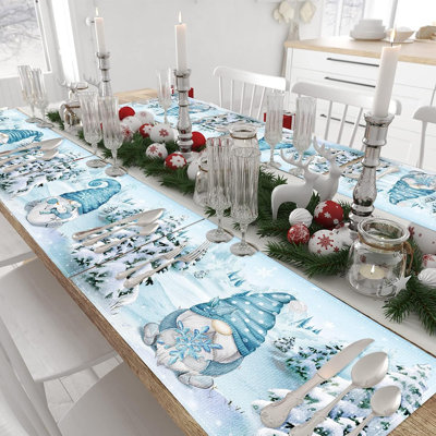 Christmas Table Runner With 6 Matching Place Mats Set, 13 X 72 Inch Let It Snow Table Runner Placemats Blue Gnome Snowflake Decorations Set For Christmas Winter Party Banquet Decor