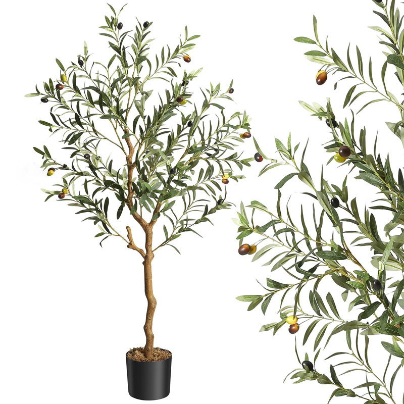 5 Ft Green Faux Silk Olive Tree in Black Pot