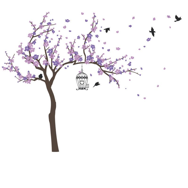 Décalcomanie murale Arbre en fleurs et oiseaux, H 72 po x l 92 po x p 0,01 po, Mauve