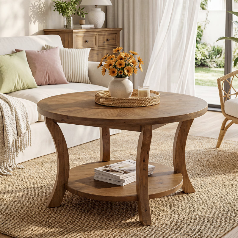 31.5” Round Solid Wood Coffee Table with Lower Storage Shelf, Rustic Natural Finish Living Room Center Table