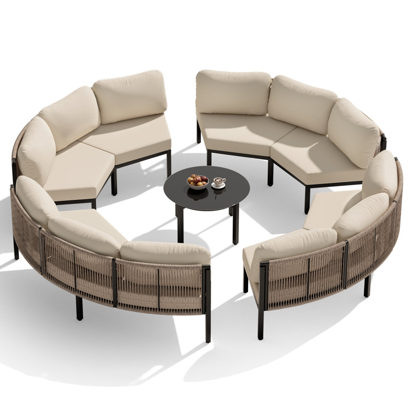  8 - Person Aluminum Sofa Seating Group with Sunbrella Cushions, Canvas Antique Beige Cushion/Black Frame