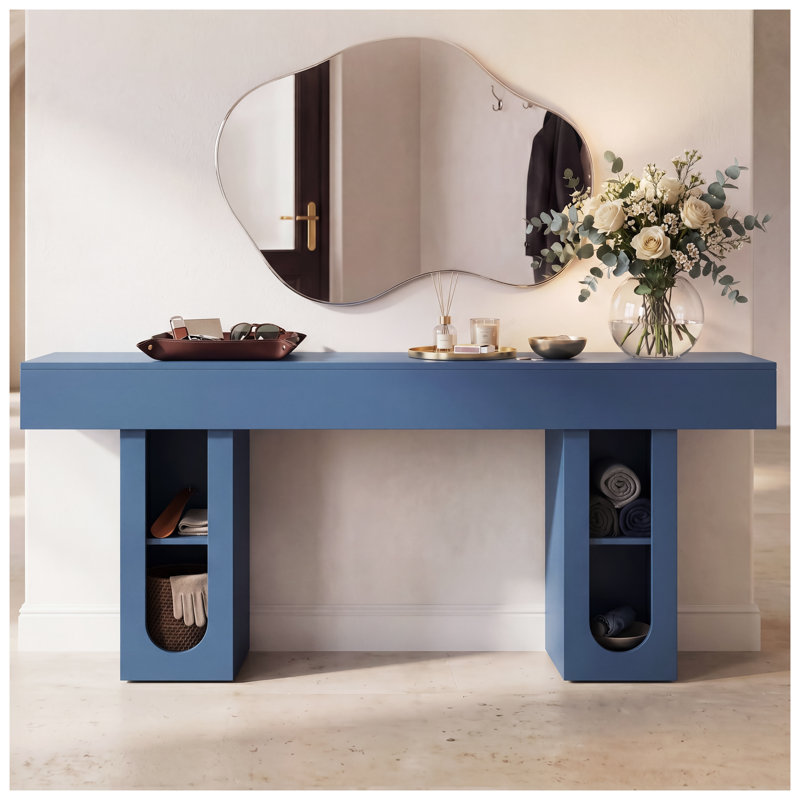 Console OMCHOM de 63 pouces avec prises de courant, canapé d'entrée bleu avec tablette de rangement, table de couloir étroite pour le salon, panneau de particules et panneau de fibres à densité moyenne