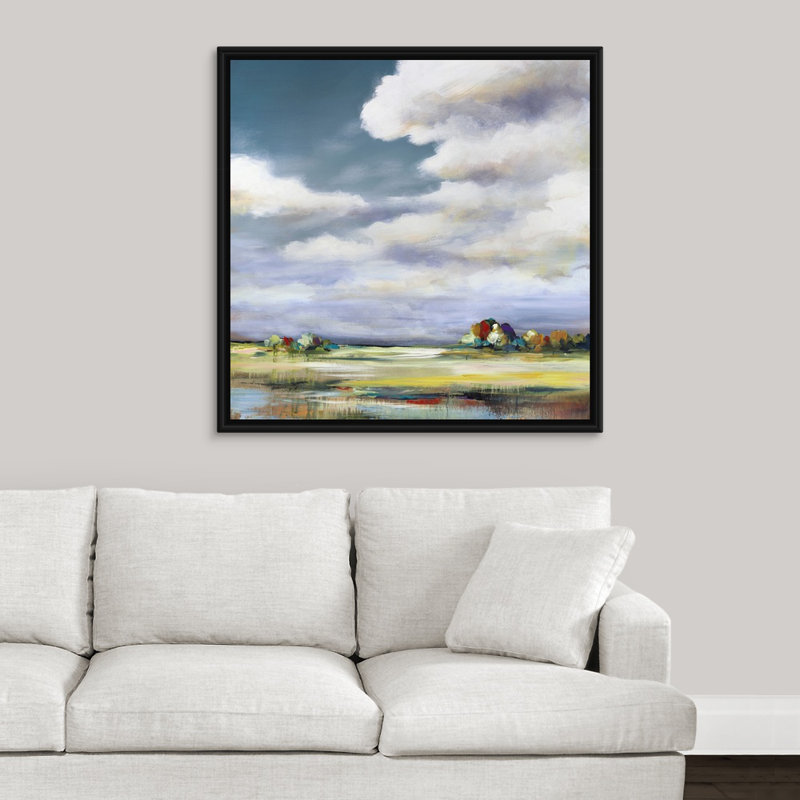 « paysages view ii », peinture sur toile, H 21,7 po x l 21,7 po x P 1,75 po, Cadre flottant noir