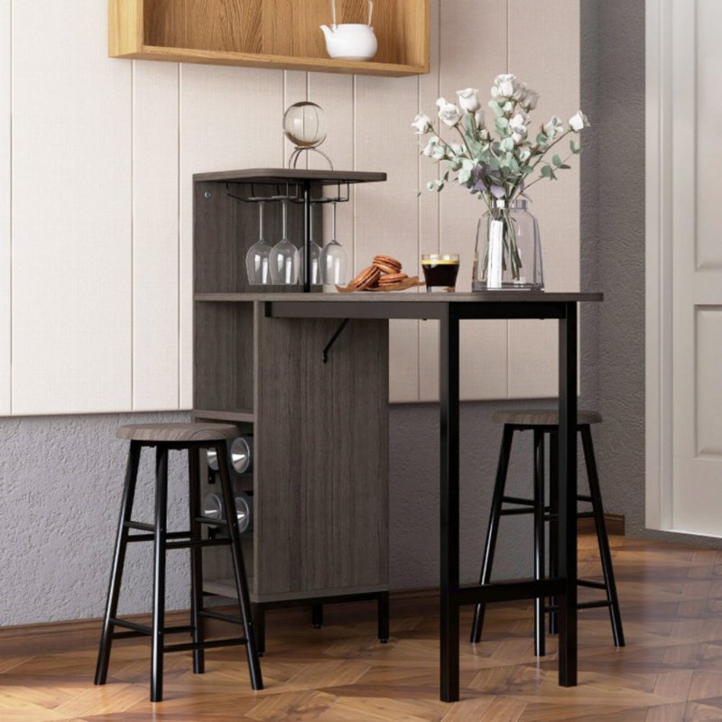3 Piece Bar Table and Chairs Set with 6-Bottle Wine Rack