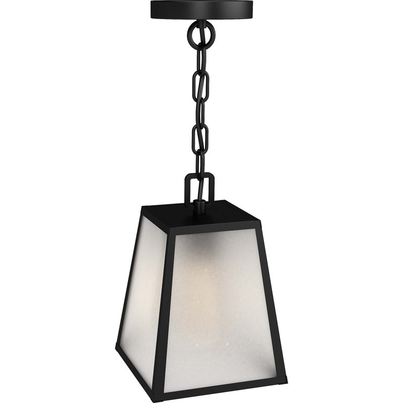1-Light Outdoor Black Trapezoid Lantern Hanging Pendant with Frosted Glass