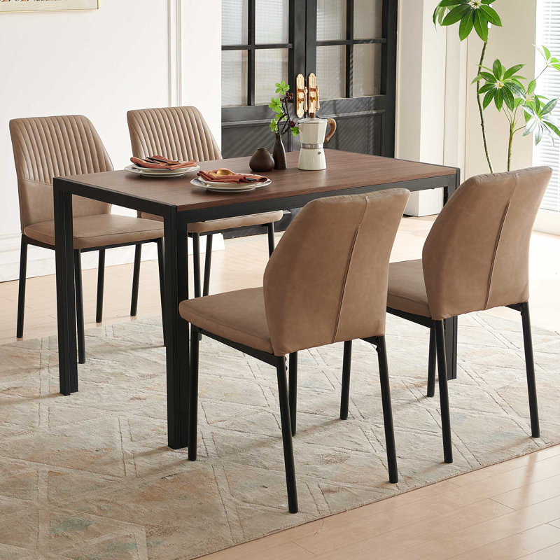 47" Kitchen Table And Chairs Set,Walnut Table With 4 Faux Leather Chairs For Dining Room Kitchen Apartment - Beige, Beige