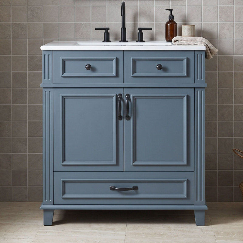 Meuble-lavabo rétro avec lavabo en céramique, portes à fermeture en douceur, tiroir et rangement dissimulé
