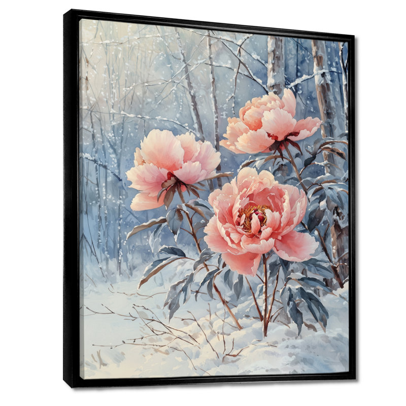 Hiver, pivoines glacées dans la forêt II - pivoines, art mural, H 20 po x l 12 po, Reproduction avec cadre flottant, Noir