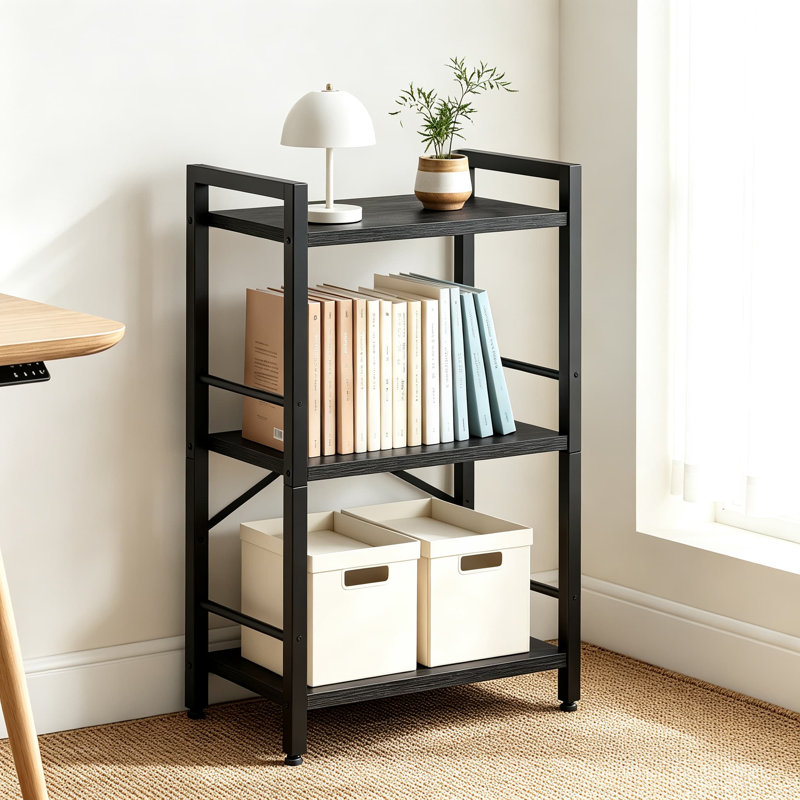Bibliothèque avec rails latéraux, bibliothèque de rangement à 3 niveaux pour petits espaces, structure en métal robuste et tablettes en bois pour le salon, la chambre à coucher, le bureau