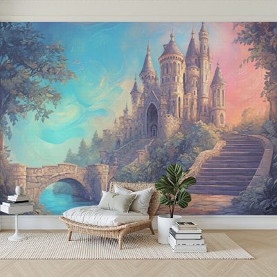 Peel and Stick Wallpaper 96" W x 69" H Modern Self Adhesive Wall Mural for Bedroom Fairy Tale Fantasy Castle Landscape Stone Bridge Staircase Pastel Sky