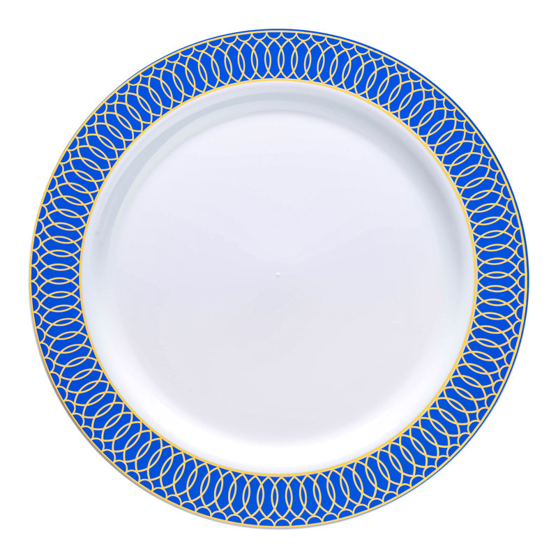 Assiettes en plastique blanches à bordure bleue en spirale dorée (10,25 po)