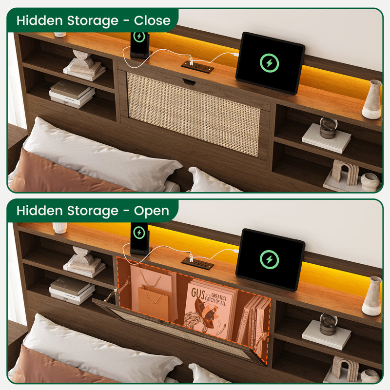 Bed Frame With 4 Drawers For Storage, A Rattan Bedside Storage Cabinet That Flips Down, An Inbuilt Charging Station And Led Lights