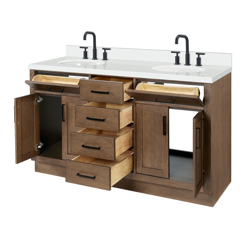 Meuble-lavabo double en bois massif Tidworth avec plateau en quartz blanc de 1,5 po, Ovale, Chêne brun / noir mat
