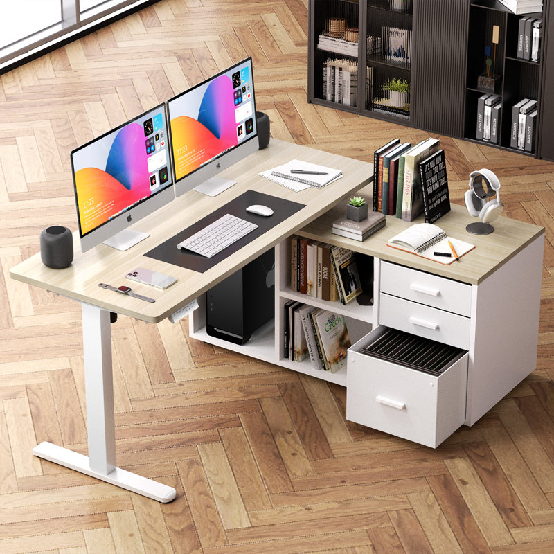 Bureau debout en L avec 4 préréglages de mémoire, bureau électrique debout à hauteur réglable, bureau d'ordinateur ergonomique avec classeur, tiroirs et tablettes de rangement, poste de travail en coin pour le bureau à domicile
