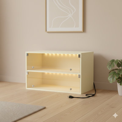 Sneaker Display And Storage Case With Off-White Glass Front And Integrated Color-Changing RGB LED Lighting